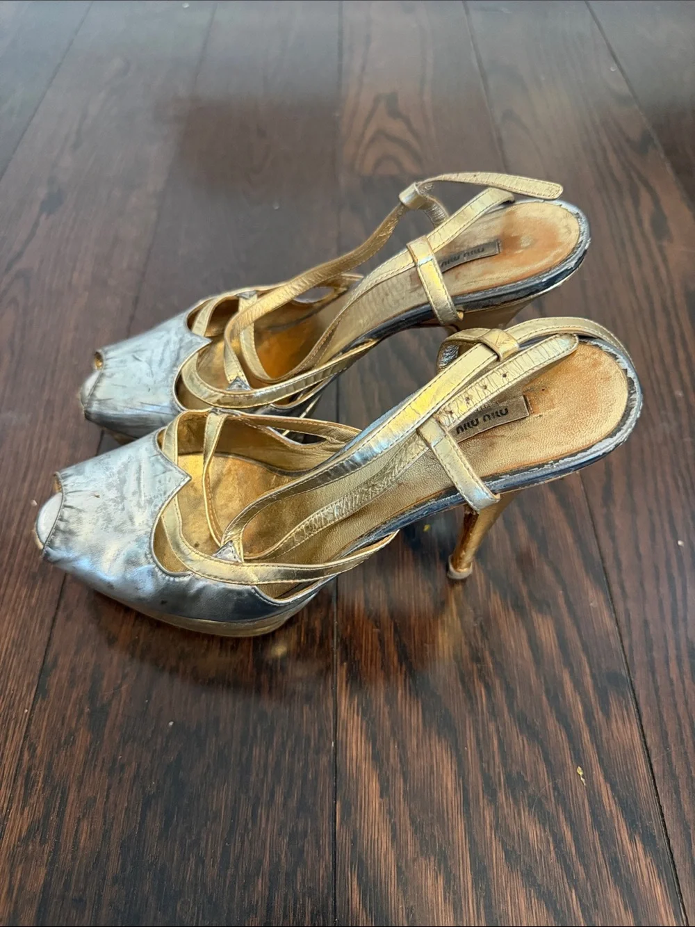 Miu Miu Metallic Peep-Toe Slingback Heels in Gold and Silver